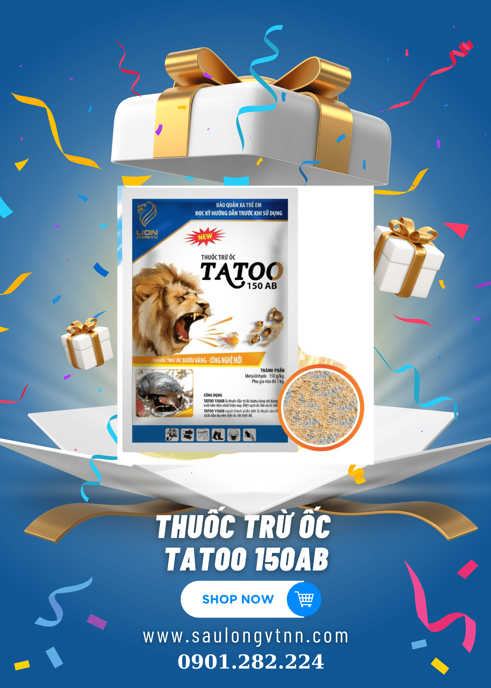 🐌🐌BẢ MỒI DIỆT ỐC 𝐓𝐀𝐓𝐎𝐎 𝟏𝟓𝟎𝐀𝐁DIỆT ỐC NHỎ TO - KHÔNG LO SÓT ỐC 🐌🐌 -------- 🐌Ốc bươu vàng không còn là nỗi lo vì đã có 𝐓𝐀𝐓𝐎𝐎 𝟏𝟓𝟎𝐀𝐁, với những ưu điểm vượt trội: ✅Hạt nhỏ, mau chìm, chậm tan. ✅Hạt bả mồi có mùi thơm dẫn dụ đặc trưng, không gây ngán mồi. ✅Dẫn dụ nhanh, tuột nhớt manh. ✅Hiệu quả diệt ốc cả trên cạn lẫn dưới nước. ✅Có thành phần đặc trị Metaldehyde hiệu quả cao. ✅Sử dụng linh hoạt: Trộn giống-Trộn phân-Rải trực tiếp. ✅Liều sử dụng: 5kg/ha