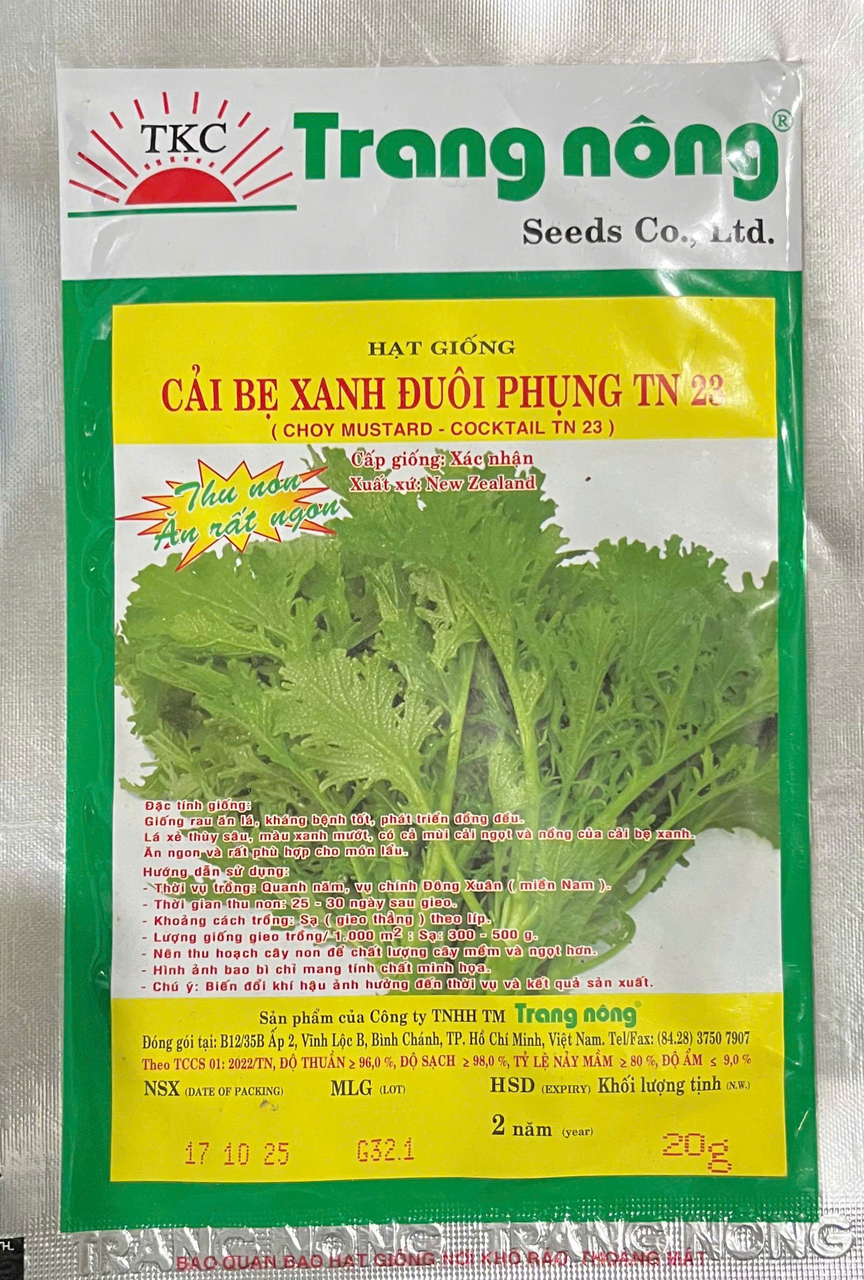 GÓI 20 GRAM - HẠT GIỐNG CẢI BẸ XANH ĐUÔI PHỤNG TN 23 TRANG NÔNG