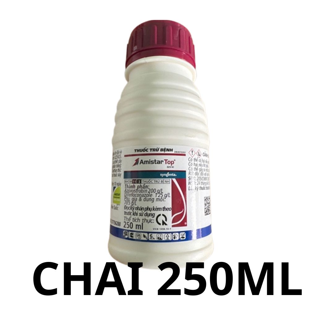 Chai 250ml Amistar Top 325SC chuyên phòng trị bệnh rỉ sắt, thán thư, khô vằn và lem lép hạt chứa Azoxystrobin (200 g/l) và Difenoconazole (125 g/l), do Syngenta sản xuất.