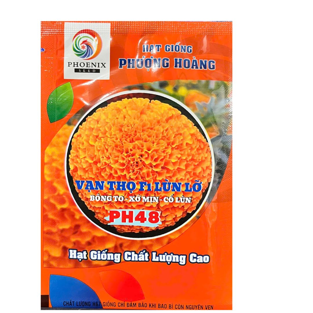 Gói 50 Hạt Vạn Thọ Mỹ F1 PH48 – Cam Đỏ, Cổ Lùn, Cao 40–45cm